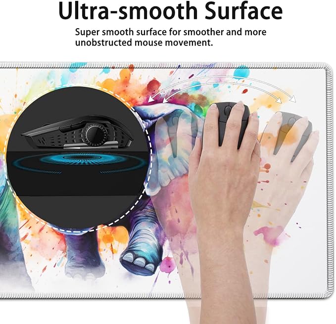 Large Mouse Pad, 31.5 x 11.8in Extended Gaming Mouse Pad with Stitched Edges, XXL Mousepad Protector Non Slip Rubber Base for Office and Home Writing Mat, Painted Cute Elephant Pattern White Desk Mat