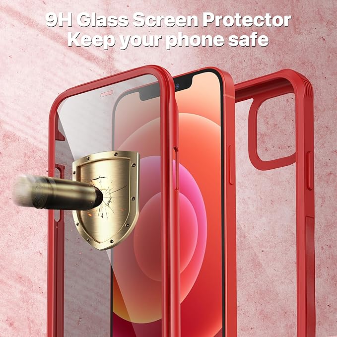 CENHUFO Privacy for iPhone 12 Case/iPhone 12 Pro Case, Full Body Phone Case with Built-in 9H Tempered Glass Privacy Screen Protector and Camera Lens Protector, Shockproof Bumper Clear Cover -Red