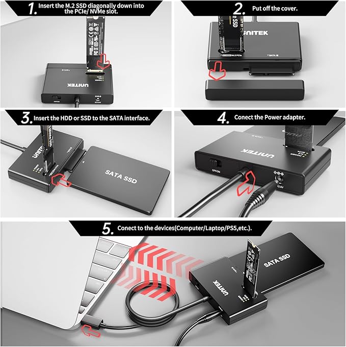 Unitek M.2 NVMe SSD Enclosure Adapter – 10 Gbps Hard Drive Reader Tool Free Pcie NVMe Adapter External USB 3.2 M2 SATA Case Converter Supports M Key Any Sizes M.2 2.5" /3.5" SATA Solid State Drive