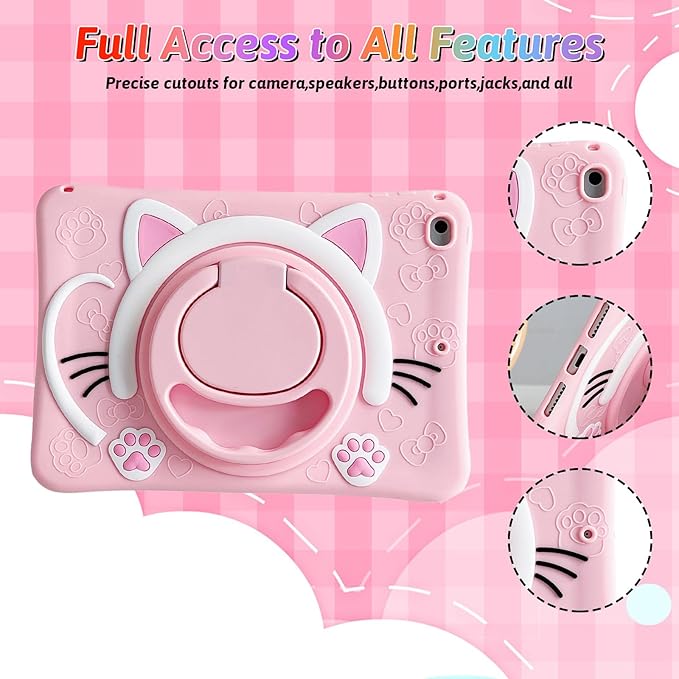 Dteck for iPad 9th/8th/7th Generation Case 10.2",Cute Cartoon Funda 3D Unique Design Light Rotating Handle Stand Shoulder Strap Soft Silicone Drop Rugged Shockproof Protective Kid-Proof Case,Cat