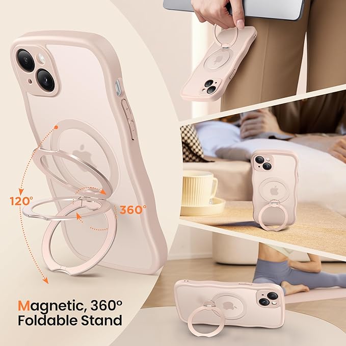 CAPRARO for iPhone 15 Case with 360° Spin Magnetic Stand for Women, [Compatible with MagSafe] [Full Camera Protection] Cute Wave Translucent Matte Case for iPhone 15, Rose Gold
