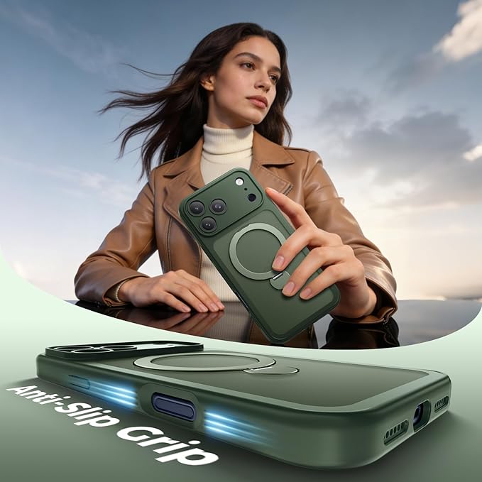 for iPhone 17 Pro Max Case [ 360° Spin Magnetic Stand] [Full Camera Protection] Compatible with Magsafe, 15FT Military-Grade Protection, Translucent Anti-Slip Phone Case 6.9'', Deep Green