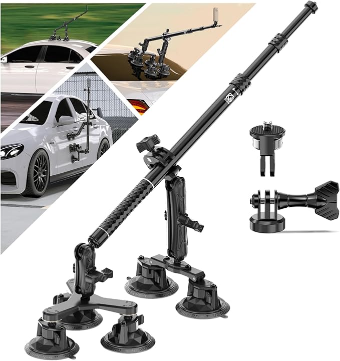 VAZESWIN Suction Cup Car Mount - Aluminum Alloy Extendable Selfie Stick, Five 3.5" Large Suction Cup Car Windshield Camera Mount with Tripod Adapter Compatible with GoPro Insta360 DJI Action Cameras