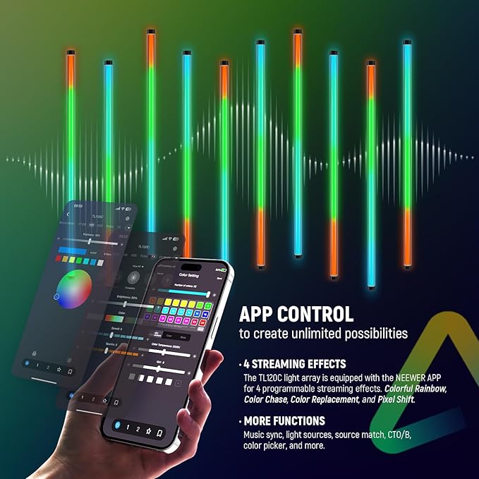 NEEWER TL120C RGB Tube Light, 42W Full Color RGBWW Photography LED Video Light Wand Stick with APP/2.4G/DMX Control, 7 Pixel Effects/18 Scenes, 2500K-10000K CRI97+ TLCI98+, 6000mAh Battery