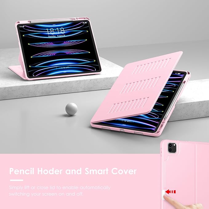 VIKESI Case for iPad Pro 12.9 6th / 5th / 4th / 3rd Generation Case 2022/2021/2020/2018,Multiple Angles Magnetic Stand Cover,Shockproof Soft Back,Pencil Holder,and Auto Sleep/Wake,Pink