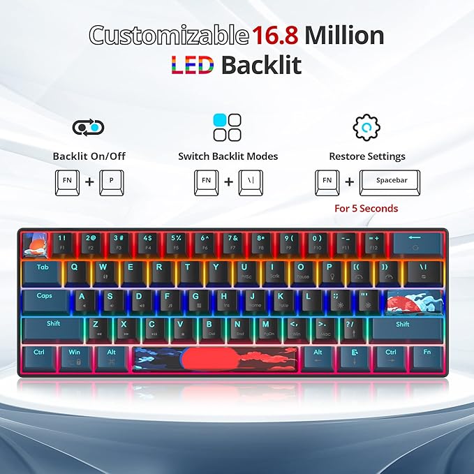 Protable 60% Percent Gaming Keyboard Mechanical, Mini Compact Backlit 61 Keys Wired Office Keyboard with Red Switch for Mac/Win (Monstor Black/red Switch 61)