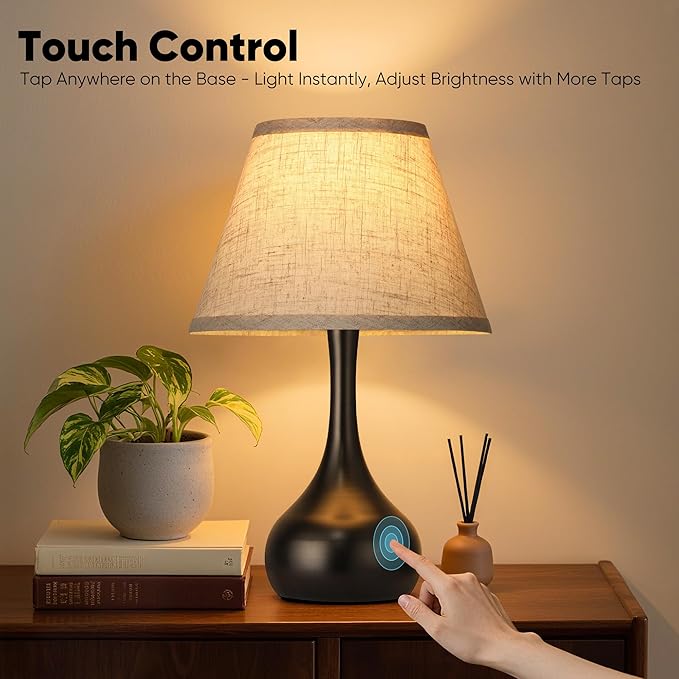 17” Touch Table Lamp for Bedroom Set of 2, 3-Way Dimmable Bedside Lamp for Nightstand, Farmhouse Metal Desk Lamp with Linen Shade for Living Room, Kids Reading, Dorm, Home Office Decor, Bulb Included