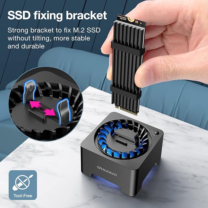 GRAUGEAR M.2 NVMe SATA PCIe SSD Enclosure Adapter Docking Station with Cooling Fan, USB3.2 Gen2 10Gbps M.2 SSD External Case USB C, Support UASP and Trim, M2 NVMe NGFF M Key B+M Key, RTL9210B Chipset