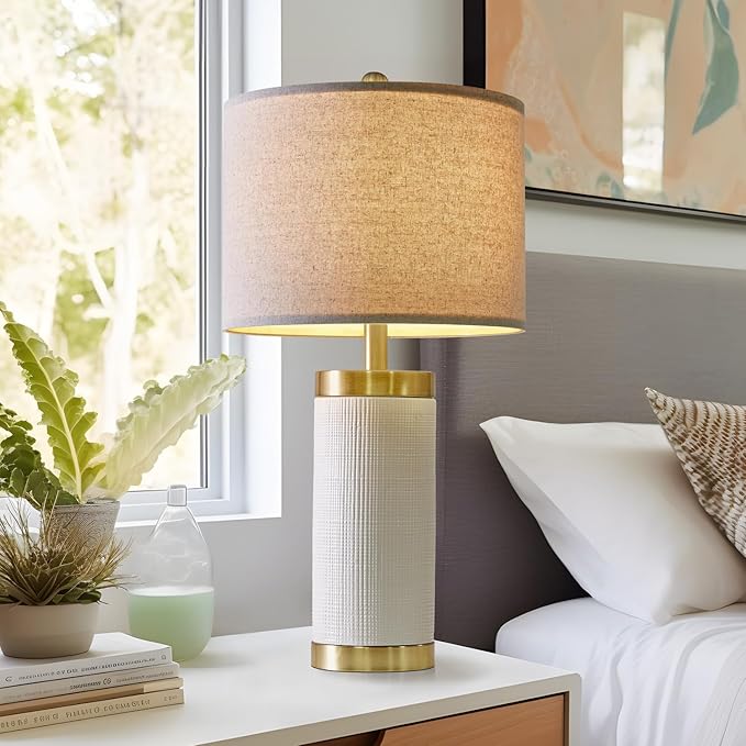 USumkky 24.5" Modern Ceramic White Bedside Lamp for Bedroom Decor Farmhouse Table Lamp for Living Room Office Dorm