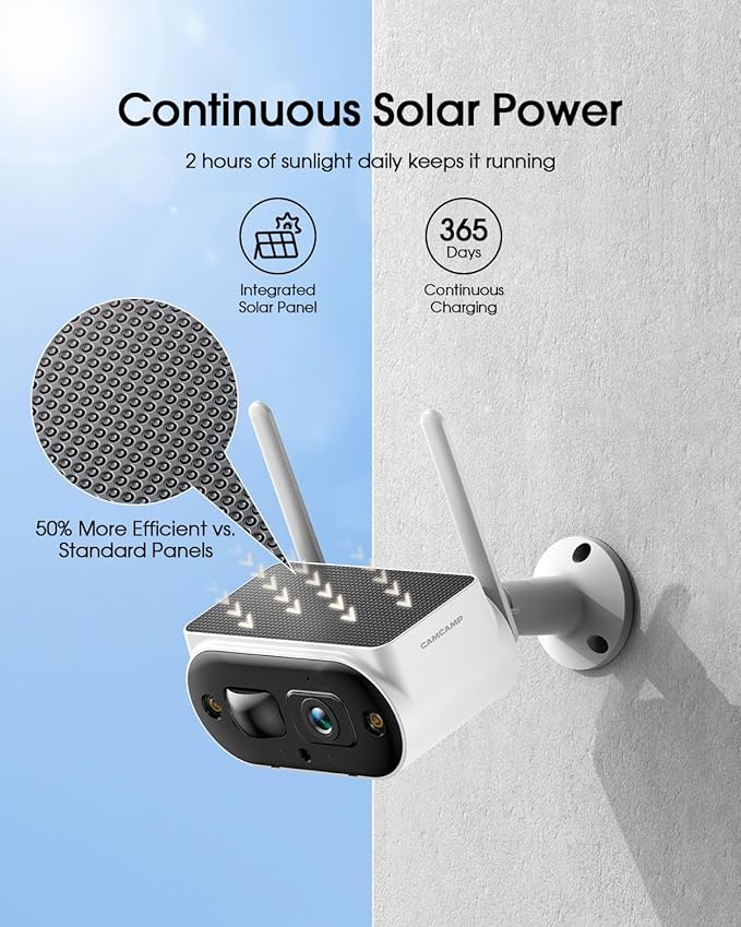 Camcamp Solar Security Cameras Wireless Outdoor, Quick Installation, No Subscription Cameras for Home Security Camera System, 10CH Expandable, 2.4 & 5GHz, 4 Cameras with Monitor