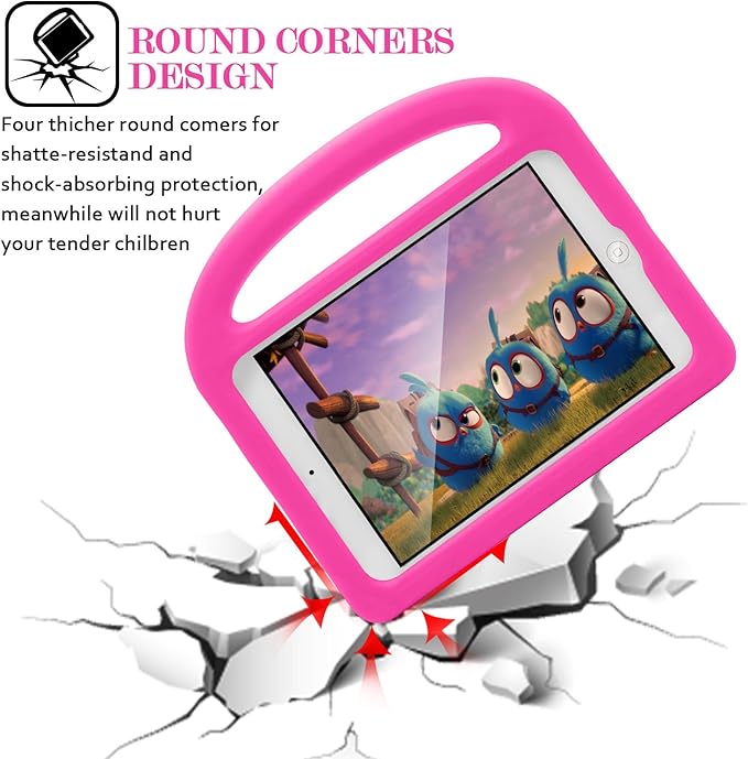 Kids Case for 7.9" iPad mini 5/Mini 4/Mini 3/Mini 2/Mini 1, Friendly Silicone Shockproof Cover with Handle Kickstand for Apple iPad mini 5th (2019), Mini 4th/ 3rd/ 2nd/1st Generation, Pink