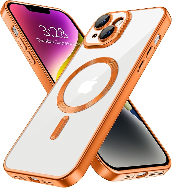 Hython Magnetic Clear for iPhone 14 Case with Camera Lens Protector [Compatible with MagSafe] Luxury Plating Edge Slim Soft TPU Cover Protective Phone Case for iPhone 14 6.1", Matte Orange