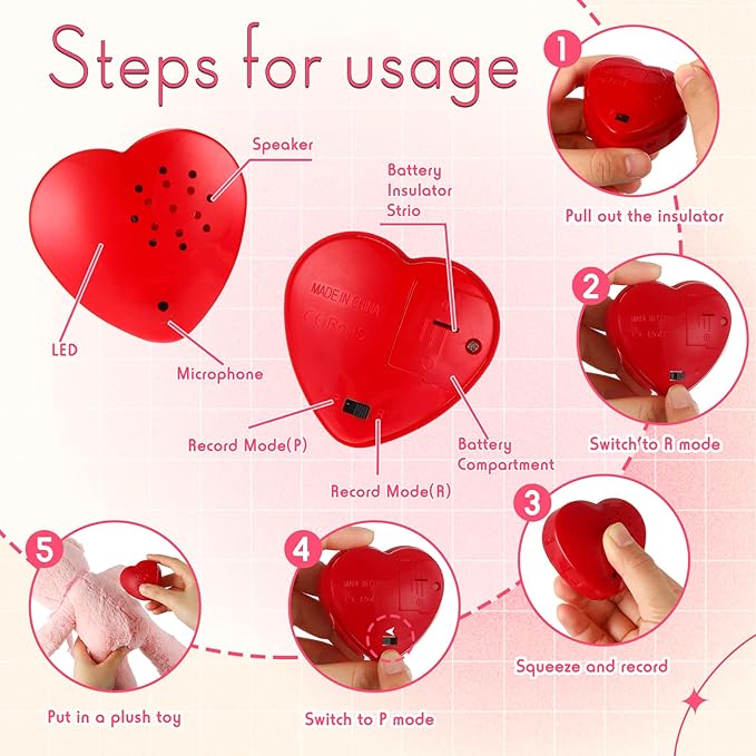 Fabbay 12 Pack Voice Recorder for Stuffed Animal Push Button Sound Recorder Heart Shaped Recordable Button Voice Recording Button Box Device for Plush Toy Bear Module Record Messages, Red (60 Seconds)
