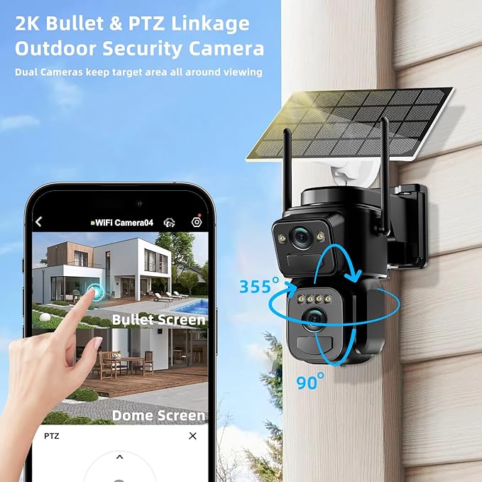 4K Solar Security Cameras Wireless Outdoor Battery Powered, 5GHz & 2.4GHz Dual Lens Bullet & 360° PTZ Outdoor Security Camera with Solar Panel, Digital Zoom, Night Vision,PIR Sensor (1Pack)