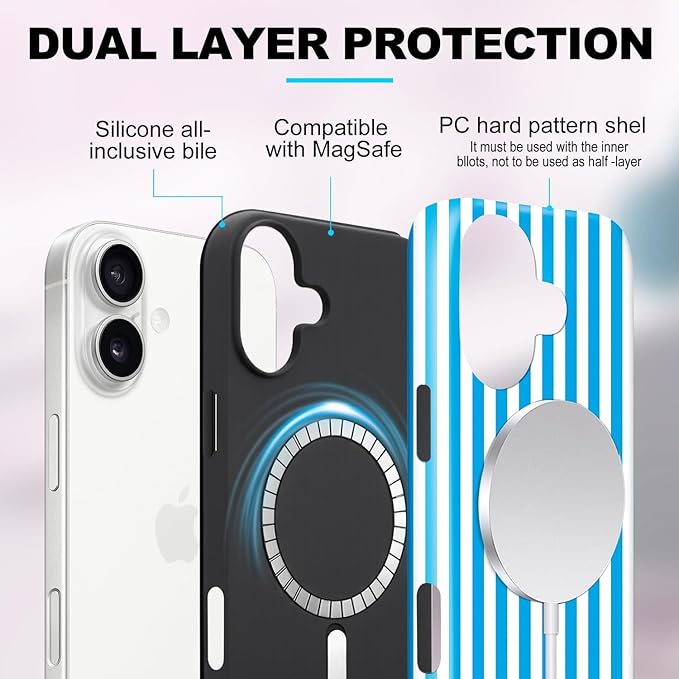 Magnetic for iPhone 16 Plus Case Cute Stripes Phone Case, Shockproof Slim TPU and Hard PC Protective Phone Cover Compatible with MagSafe Designed for Women Girls, Deep Blue