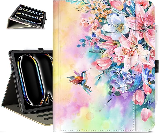 Vimorco for iPad Pro 13 Inch Case, for iPad Air 13 Inch Case, Fit for iPad Pro 12.9 Cases 6th/5th/4th/3th Generation 5 Stand Angles/Typing Stand/Pencil Holder/Card Pockets, Hummingbird Flower