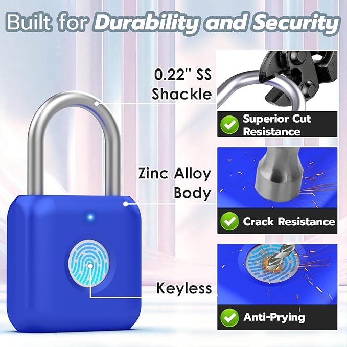 Gym Locker Lock,Smart Fingerprint Padlock with APP Control,Fingerprint Lock USB Rechargeable for Gym Locker,Locker, School,Storage Blue