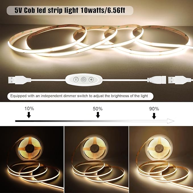 COB LED Strip Lights Natural White 4000K CRI 92+ Even Lighting Short 5V Dimmable Flexible Cuttable 6ft with Dimmer Switch for Desk Cabinet Home Office DIY Project Decoration
