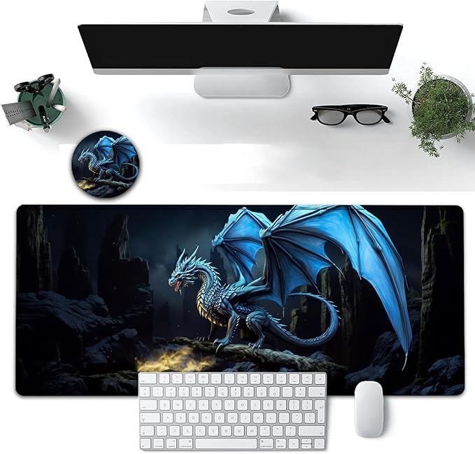 Large Mouse Pad, 31.5 x 11.8in Extended Gaming Mouse Pad with Stitched Edges, XXL Mousepad Protector Non Slip Rubber Base for Office and Home Writing Mat, Blue Flying Dragon Pattern Black Desk Mat