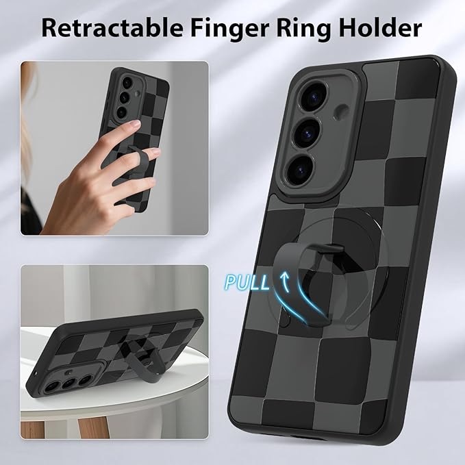 KANGHAR Compatible with Samsung Galaxy S26 Case, Support for MagSafe, Silicone Checkered Cute Pattern, Wristband Kickstand Camera Protection Soft Slim Cover for Girls Women -Black