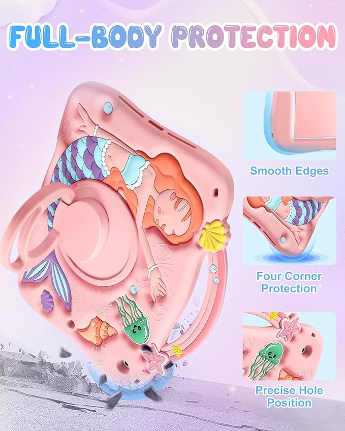 Boaretiu for iPad 9th Generation Case 10.2 Inch - for iPad 7th/8th/9th Gen 3D Cute Cartoon Pk Mermaids Girls Teens Soft Silicone Tablet Cover with Strap & Rotating Stand