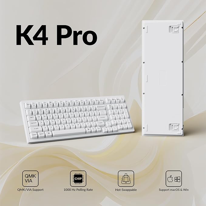 Keychron K4 Pro QMK/VIA Custom Wireless Mechanical Keyboard, Programmable Hot-swappable 100 Keys, RGB Backlight Wired Gaming Keyboard with K Pro Banana Switches for Mac/Windows/Linux - White