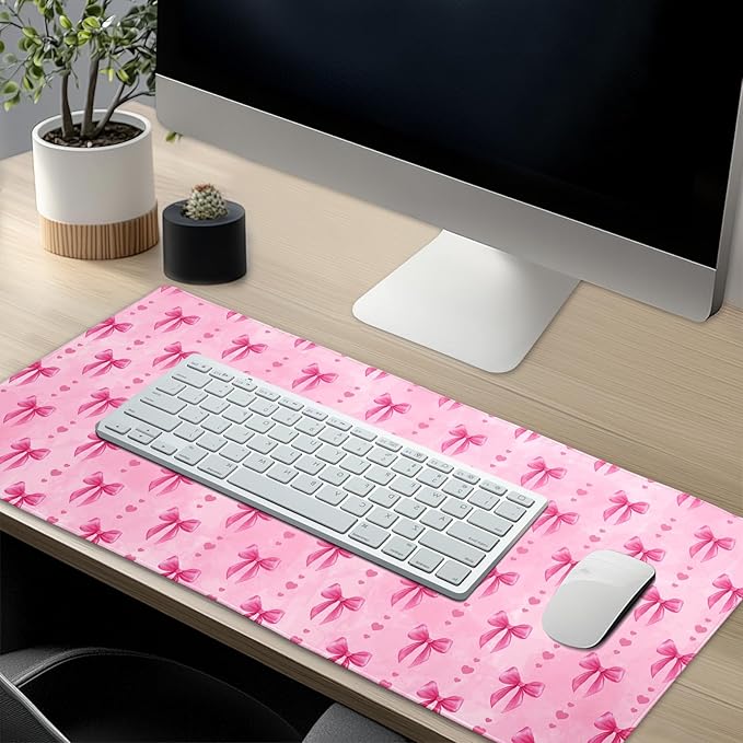 Pink Bows Mouse Pad Extended Large 35.4x15.7in Coquette Kawaii Desk Mat Preppy Trendy Computer Large Mousepad Non-Slip Rubber Base Stitched Edge Gaming Mousepad PC Computer Desk Pad for Work Desktop