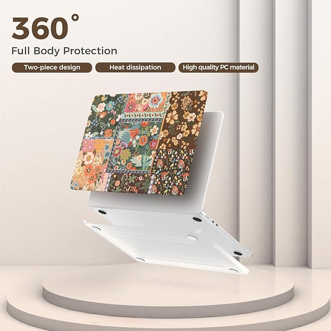 iCasso for MacBook Air 13.6 inch Case 2026 2025-2022 Release M5 M4 M3 M2 Model A3449 A3240 A3113 A2681, Flower Pattern Sturdy Protective Hard Shell Case Cover for Mac Book Air 13 inch,Brown