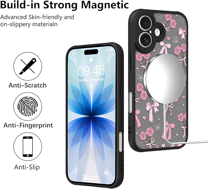 KANGHAR Case Compatible with iPhone 17 Bows Bouquet Pattern [Compatible with Magsafe] Cute Flowers Florals Protective Magnetic Case for Girls Women Men