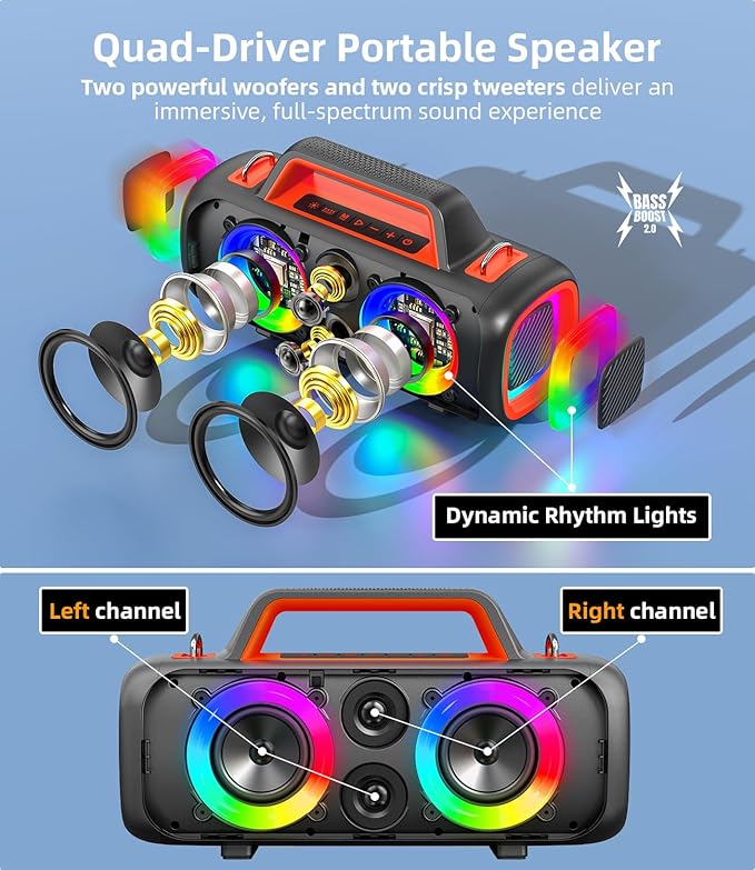 Portable Bluetooth Speaker 140W, Loud Wireless Speaker with 2 Subwoofers & Bass Boost, IP65 Waterproof Outdoor, 12000mAh Battery 24H Playtime, RGB Lights, TF/AUX/Mic Input for Home, Party, Outdoor