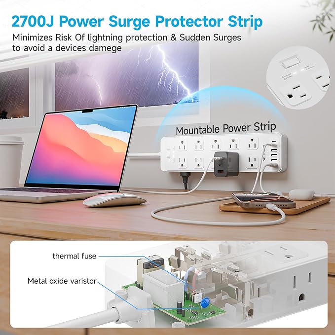 20 Outlet Power Strip with USB C,6Ft Extension Cord with Multiple Outlets, 2700 Joules Surge Protector,1875W/15A, ETL Listed for Home Office Dorm Gaming (White, 6FT)