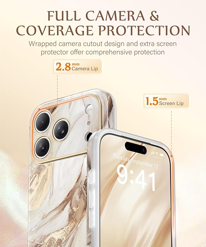 GVIEWIN for iPhone 17 Pro Case Compatible with MagSafe, [Full Camera Protection][Military-Grade Protection] Shockproof Protective Slim Magnetic Marble Phone Case for 17 Pro 6.3", Topaz/Gold