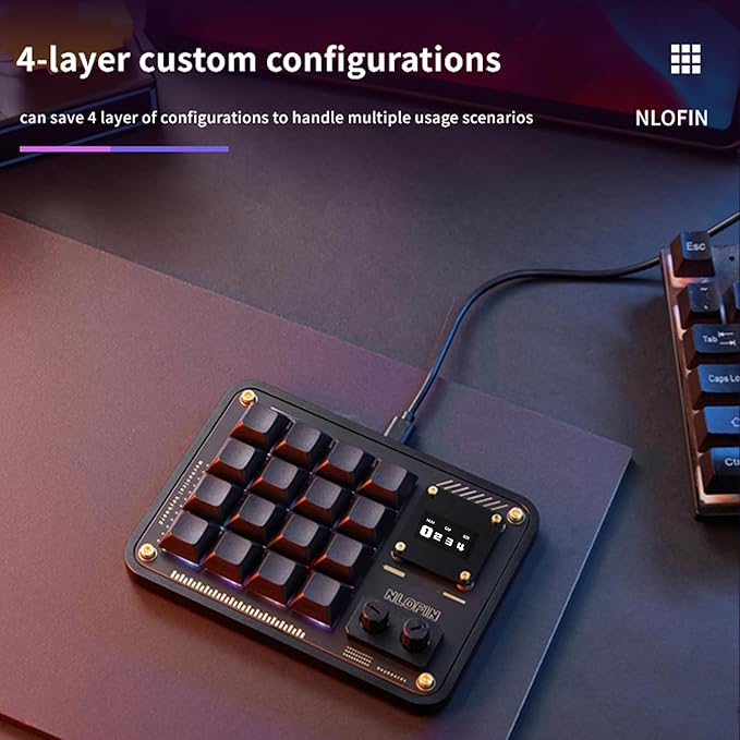 Double Knob Custom Macro Pad Programmable Designer Mini Keyboard 16 Keys with Screen (Black,KB16)