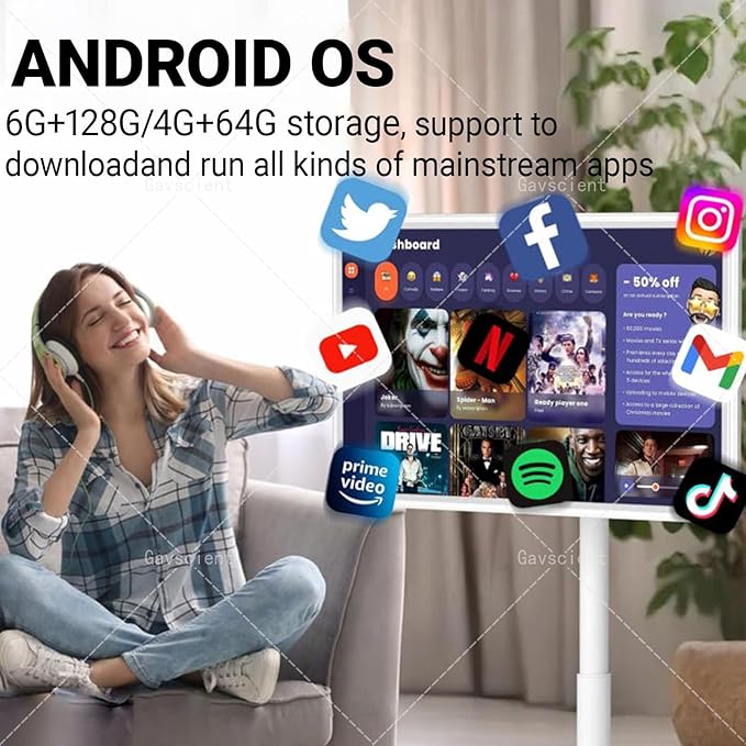 4K Smart Portable TV On Wheels, Touch Screen Monitor with 4K HD Display, Android 12 OS, Full Swivel Rotation, Dual Speakers & Wireless Connectivity for Home/Office/Travel 32-8/128