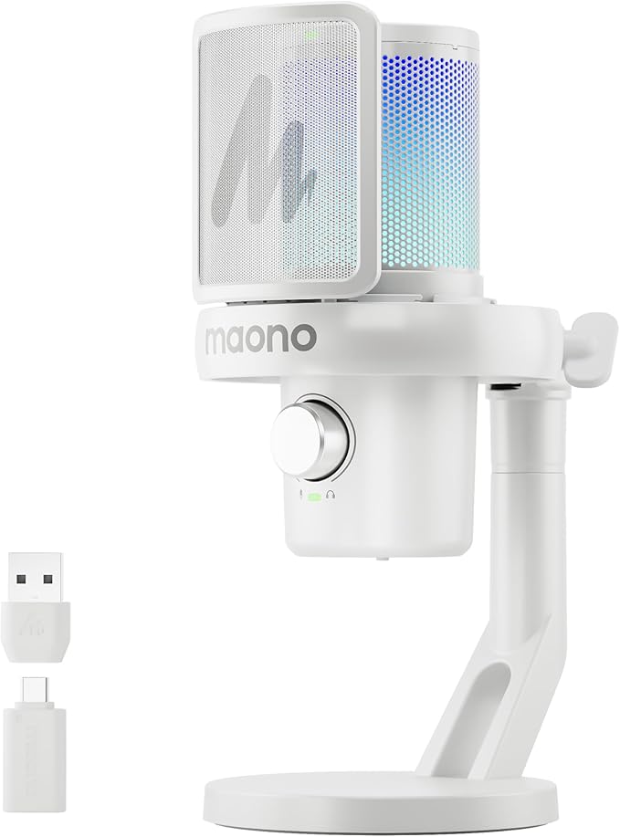 MAONO Wireless Gaming Microphone, USB Condenser Mic with Software, Noise Cancellation, AI Voice Changer, RGB Lights, Mute, Gain for Streaming Recording Podcast Computer PC Laptop, DM40 White