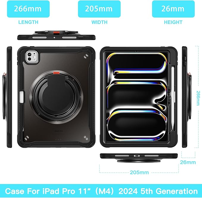 Batianda for iPad Pro 11 inch Case 2025 M5 2024 M4 Chip Lightweight Dual-Layer Protective Tablet Cover, Durable Shock-Absorbing Corners with 360° Rotating Kickstand Ring Built-in Pen Slot, All Black
