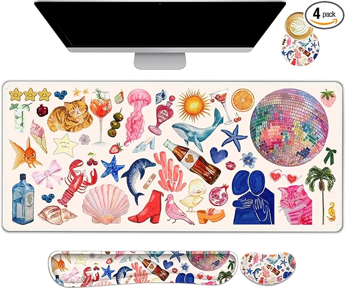 Large Gaming Mouse Pad Set, 4 in 1 Ergonomics Keyboard Desk Mat with Memory Foam Wrist Rest, Computer Extended Game Mousepad, Non-Slip Desk Matt Easy Typing Pain Relief I Colorful Stickers