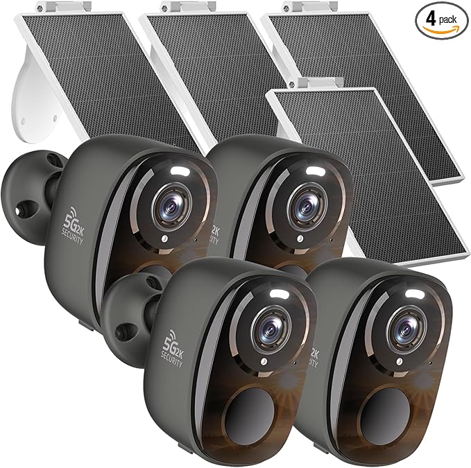 4pcs Wireless Security Cameras Outdoor,5G/2.4G Solar Cameras, 2K Battery Powered Surveillance Cameras for Outdoor Use, Color Night Vision, AI Detection, 2-Way Talk, IP65, SD/Cloud, Works Alexa