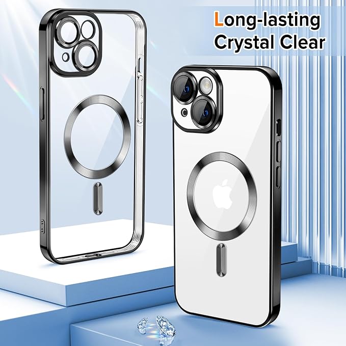 Hython Magnetic Clear for iPhone 15 Case with Camera Lens Protector [Compatible with MagSafe] Luxury Plating Edge Slim Soft TPU Cover Protective Phone Case for iPhone 15 6.1", Black