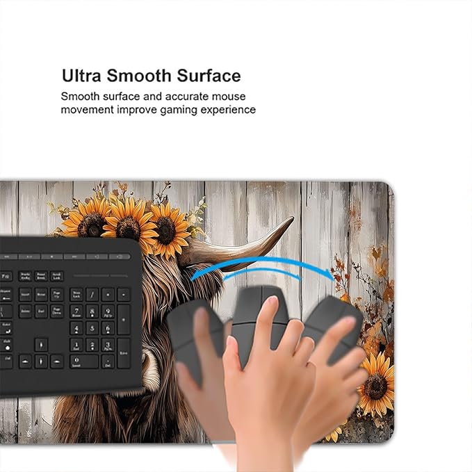 Cute Highland Cow Desk Pad Mouse Pad Watercolor Painting Sunflowers Wooden Large Gaming Mouse Mat with Stitched Edges,Non-Slip Waterproof Rubber Base Mous Mat Office Computer Keyboard Laptop Home