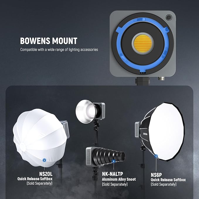 NEEWER HS200B Portable LED Video Light APP/2.4G/DMX Control, 280W 84400lx/1m Bi Color 2700-6500K CRI95+ COB Continuous Output Key Lighting Bowens Spotlight for Recording Streaming Studio Photography