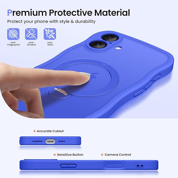 CAPRARO for iPhone 16 Plus Case with 360° Spin Magnetic Stand for Women, [Compatible with MagSafe] [Full Camera Protection] Cute Wave Translucent Matte Case for iPhone 16 Plus, Ultramarine