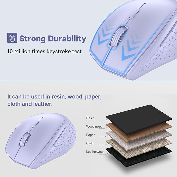 TECKNET Bluetooth Mouse, 4800 DPI Wireless Mouse, 2-Year Battery 6 Adjustable DPI, 6 Buttons Compatible with Laptop/Windows/Computer - Lavender