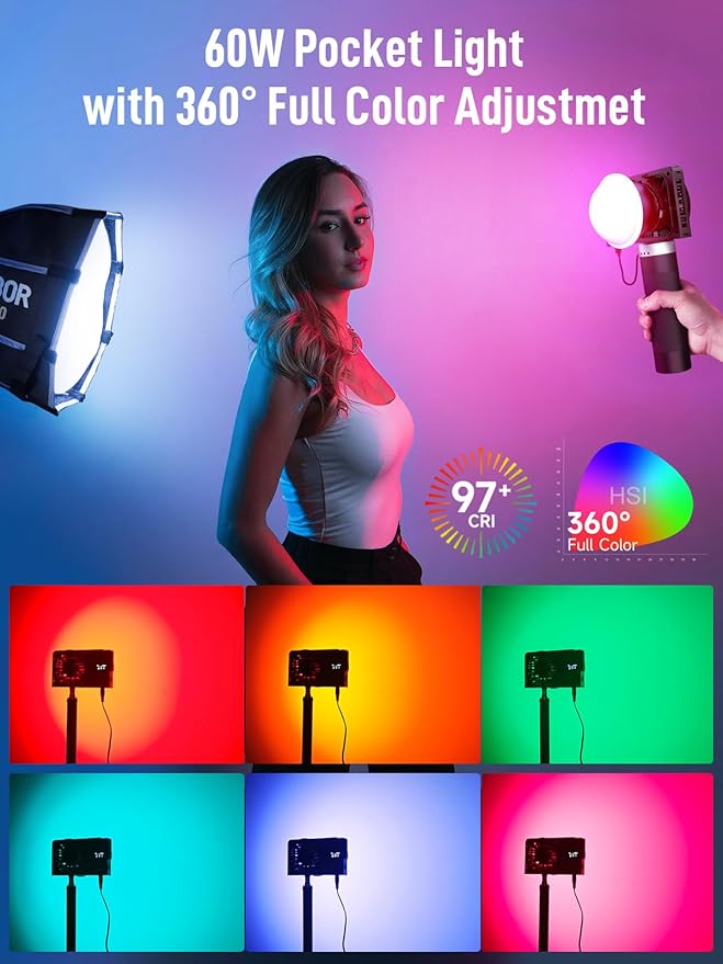 COLBOR W60R RGB Video Light, 60W 2700-6500K Full Color Pocket COB Continuous Output Lighting LED Studio Light CRI97+ TLCI98+ with APP Control for Photography