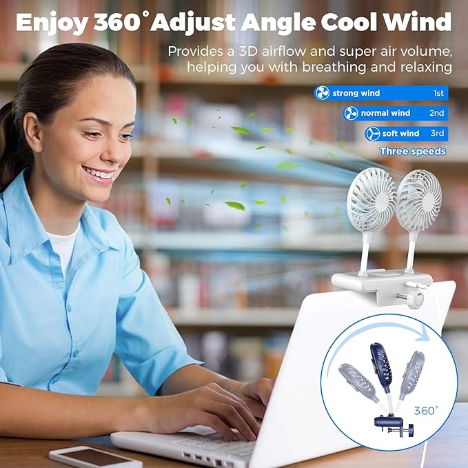 USB Monitor Clip on Fan via Flip-Open LED Light Bar, Two-Head Personal Cooling desktop Laptop Quiet USB Fan for Office, 3 Wind Speeds, for Flat, Curved Monitors (Deepsea Blue)