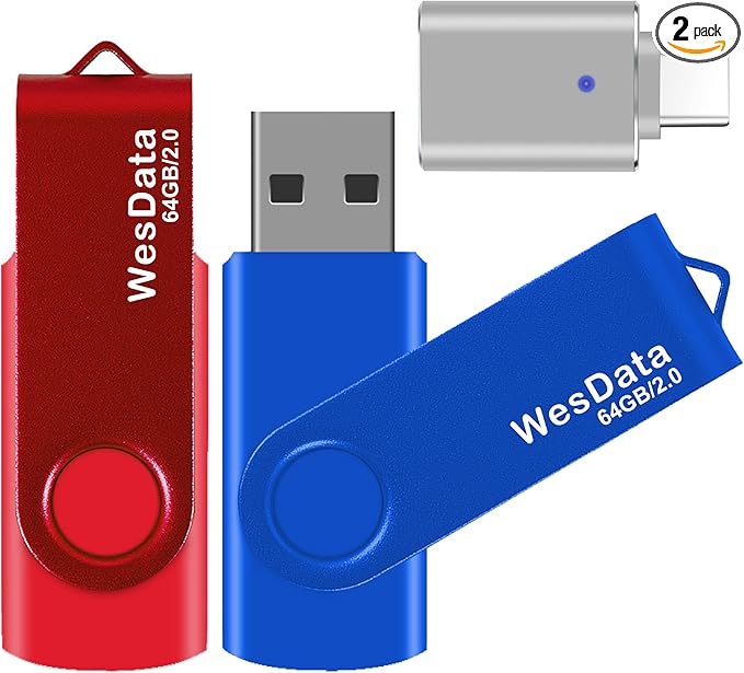 2 Pack 64GB USB 2.0 Flash Drive and 1 USB C Adapter, Thumb Drive USB Memory Stick Jump Drive, Compatible with OTG Type C Phones, Tablets, Laptop, PC (Blue, Red)