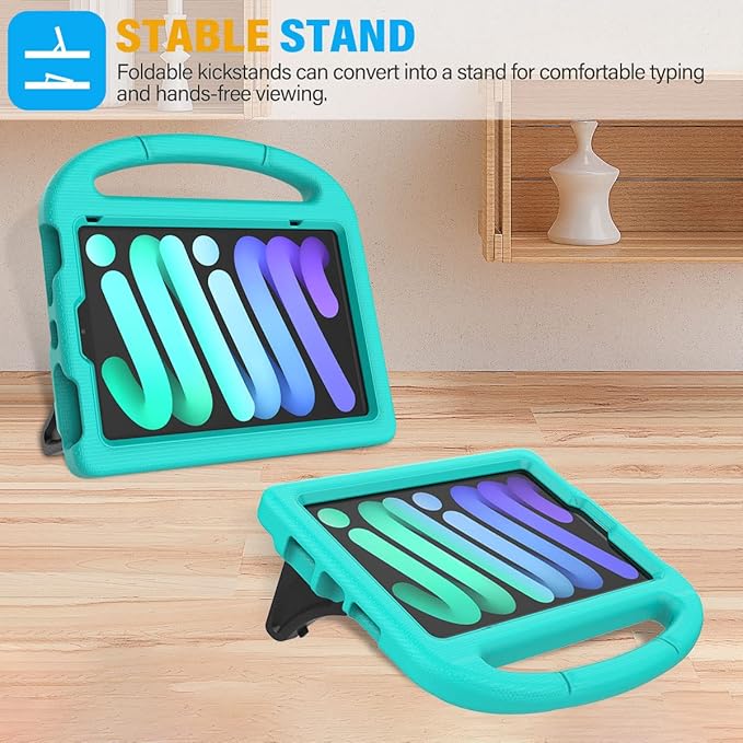 SUPLIK Kids Case for iPad mini 7 (A17 Pro) 2024 & iPad mini 6 (A15) 2021, 8.3-inch iPad mini 6th/7th Generation Case with Screen Protector, Durable Shockproof Kids Cover with Handle Stand, Cyan