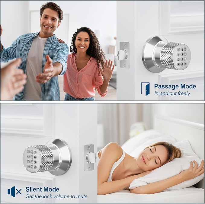 FITNATE Keypad Door Knob, Keyless Smart Lock with Back-Lit Keypad, Electronic Door Lock with Spare Keys, Easy to Install, for Home, Bedroom, Hotel and Office, Silver