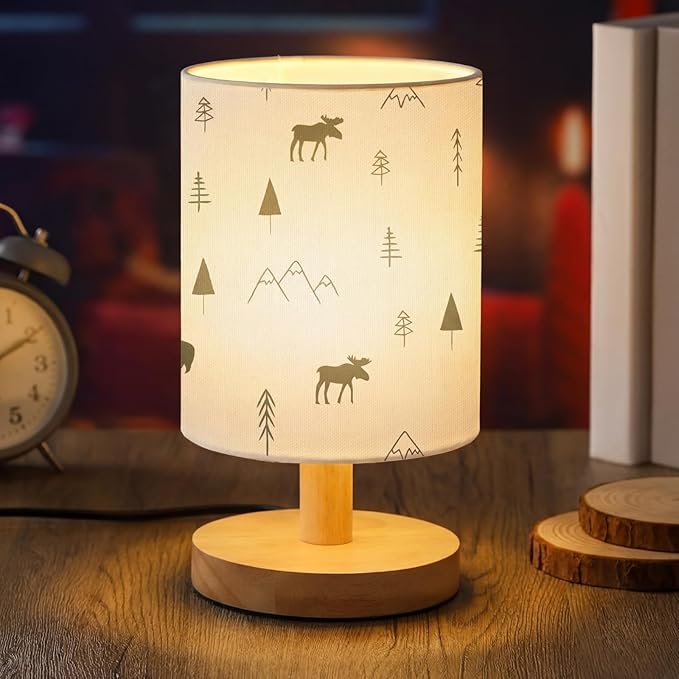 VIHOSE Forest Animals Bedside Table Lamp Vintage Nightstand Lamp with Linen Fabric Shade Solid Wood Base Decoration for Kids Living Room Bedroom Desk Dorm
