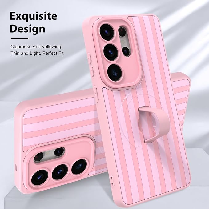 KANGHAR Compatible with Samsung Galaxy S26 Ultra Case, Support for MagSafe, Silicone Stripes Cute Pattern, Wristband Kickstand Camera Protection Soft Slim Cover for Girls Women -Pink